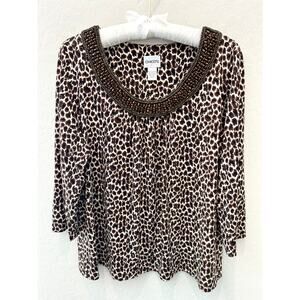 CHICO’S | Leopard Print Knit Beaded Scoop Neck  3/4 Sleeve Top | Size 2 Large